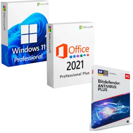 Pachet licente Microsoft Windows 11 Professional + Microsoft Office 2021 Professional Plus + Bitdefender Antivirus Plus 1 an de zile